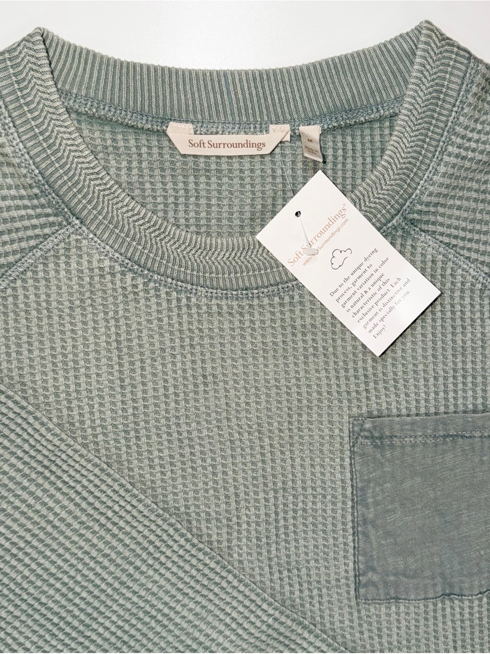 NWT Soft Surroundings Waffle Knit Top Faded Sage Green Pocket Cotton Tunic Sz M - Picture 4 of 13